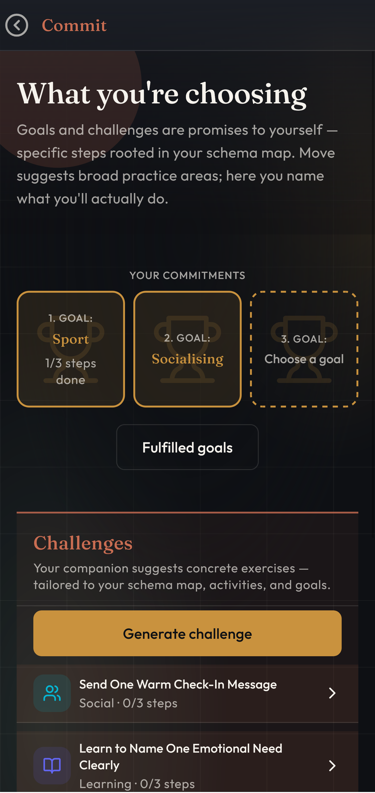 Schemap Commit page with goals and AI challenges